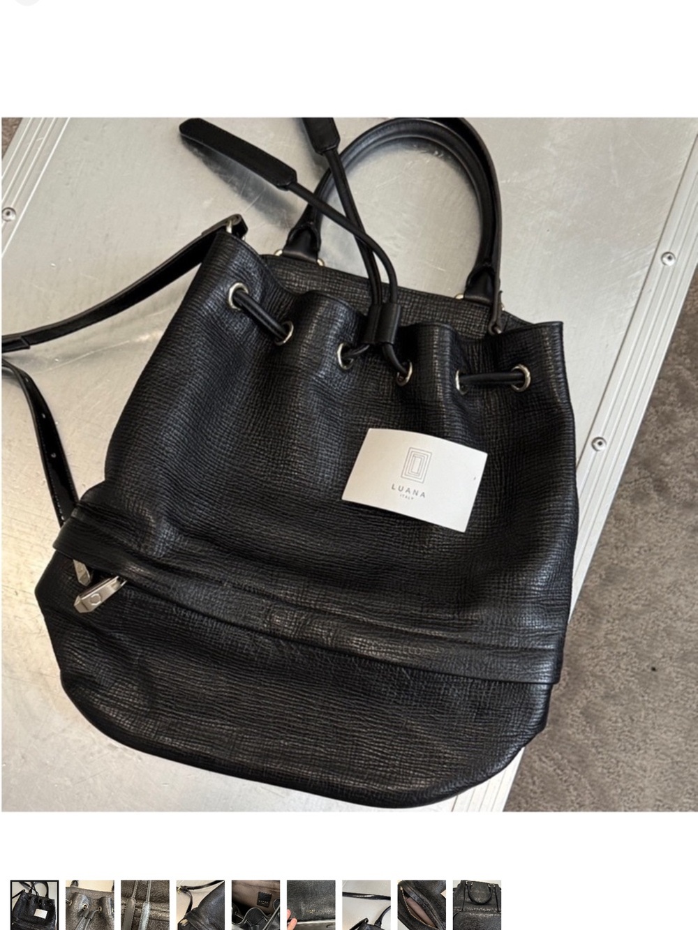 Luana Black Textured Drawstring Bucket Backpack